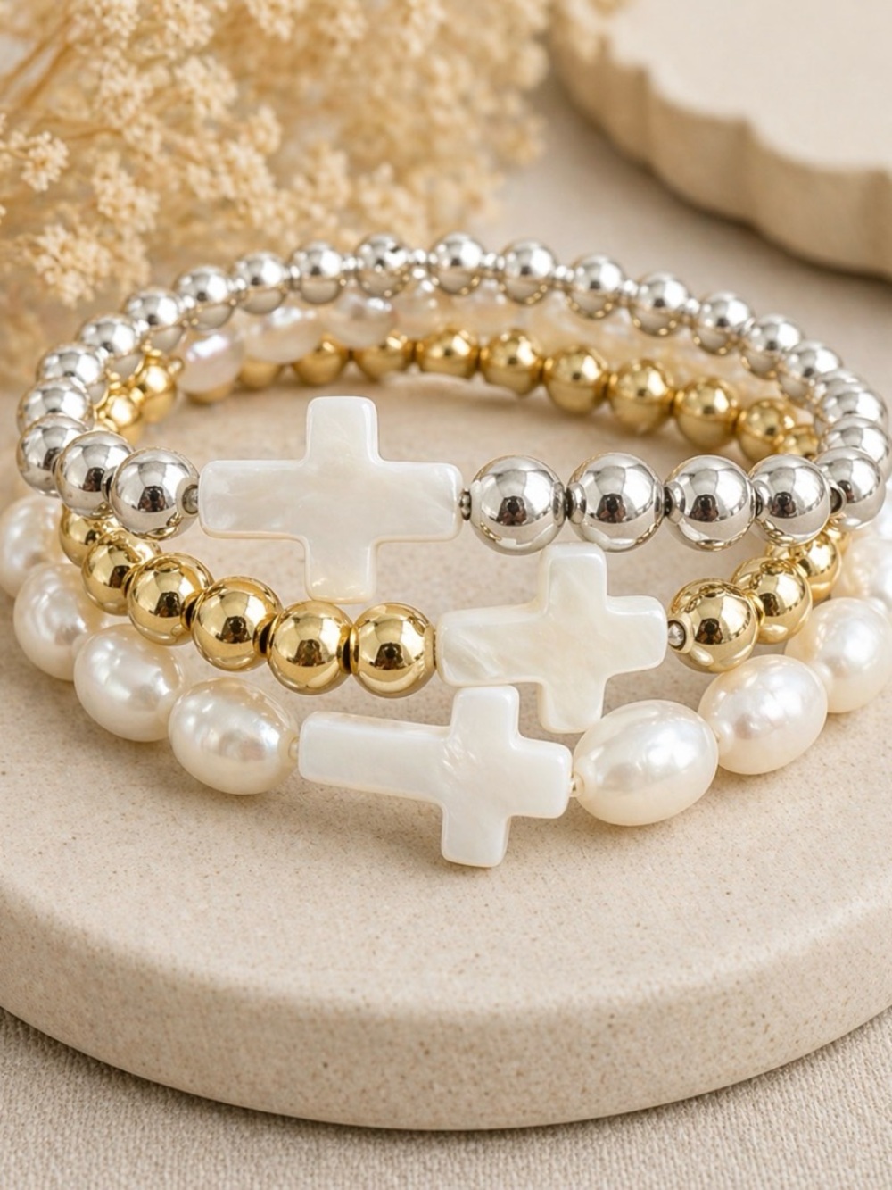 Beaded Cross Bracelet Stack